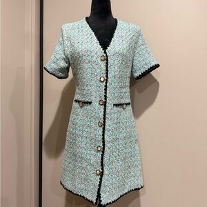 Pomander Place Tweed Mini Dress with Black Trim